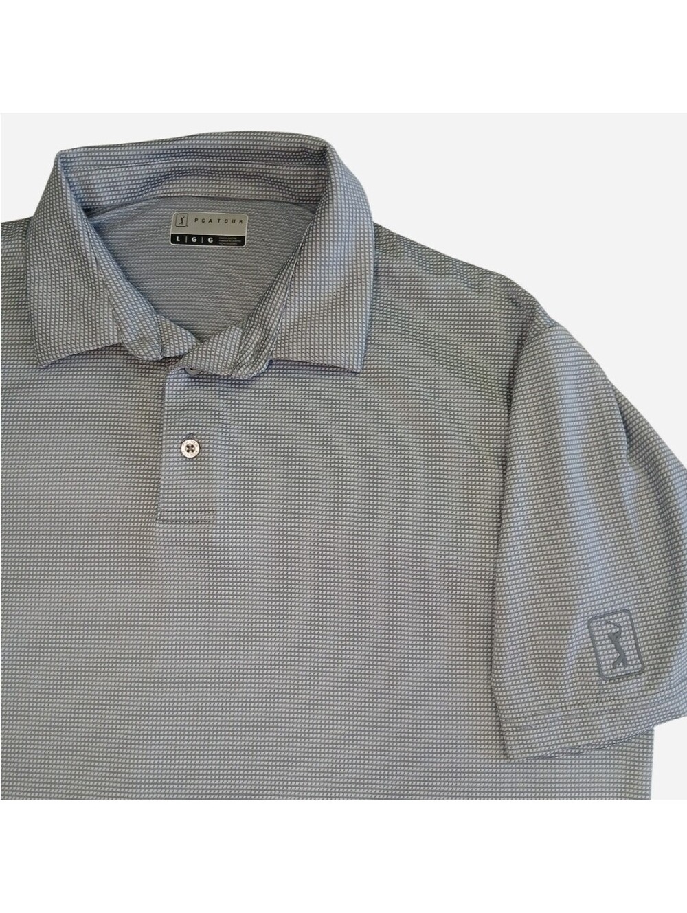 PGA Tour Mens L Golf Polo Shirt Gray Micro Houndstooth Casual Activewear